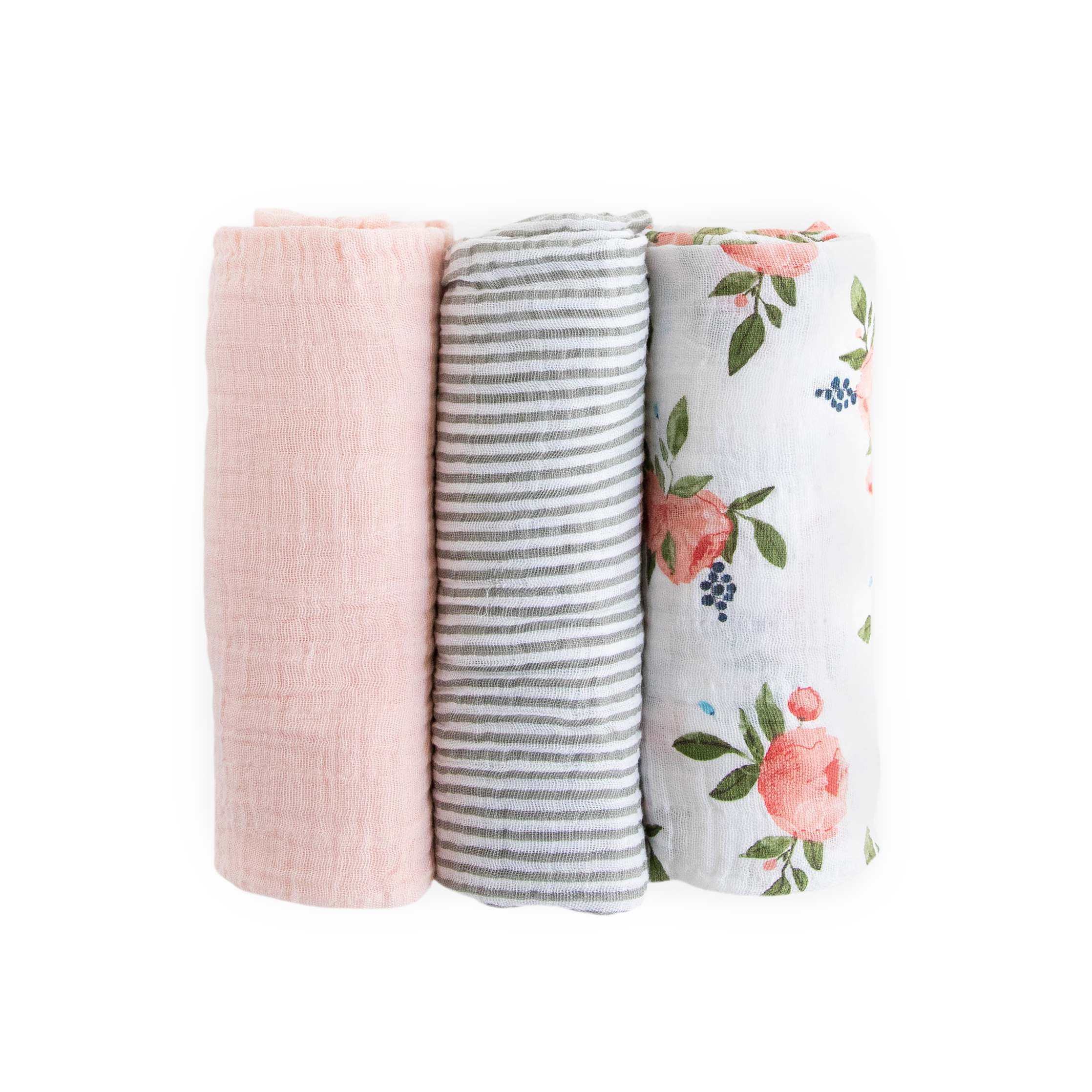 Cotton Muslin Swaddle Blanket 3 Pack - Watercolor Roses